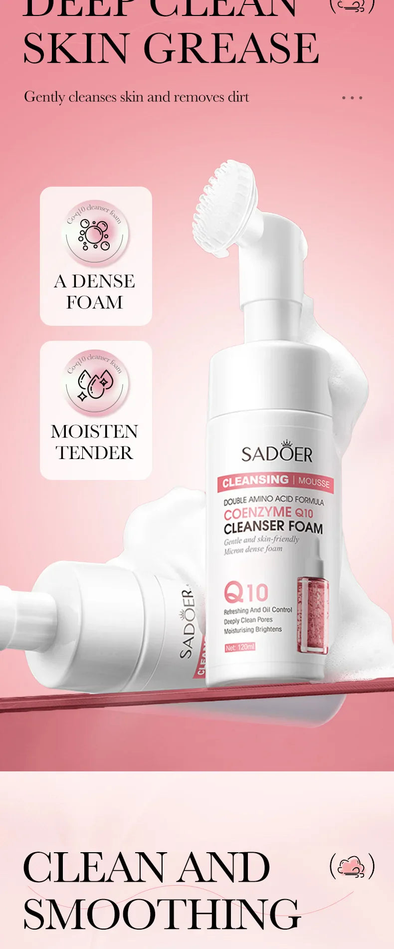 SAODER Q10 & Vitamin C Facial Cleanser — Moisturizing Brightening Face Wash Foam for Gentle Skin Cleansing