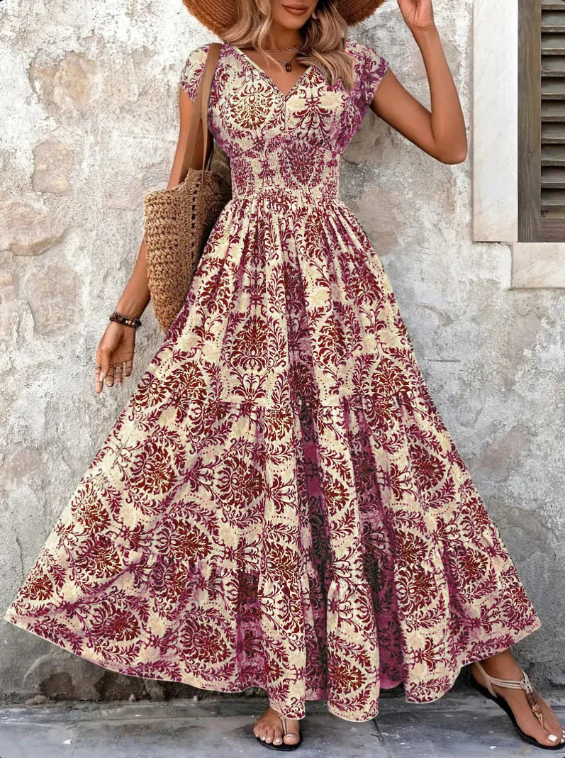 2025 Vintage Printed V-Neck Dress – Elegant Short-Sleeve Jumpsuit with Long Skirt for Women