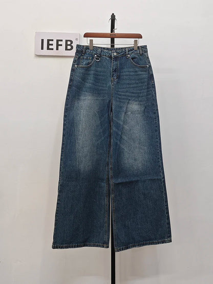 IEFB Men’s Summer Denim Jeans – Washed Blue Straight Loose Wide-Leg Casual Pants