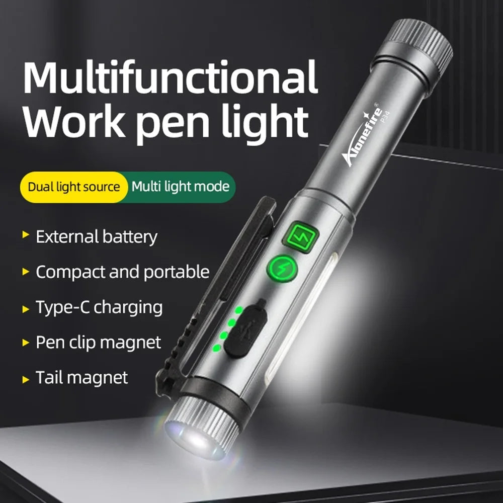 2-in-1 High Bright COB LED Pen Flashlight – USB Rechargeable Mini Torch for Camping, Hiking, Emergency & Outdoor Work Light