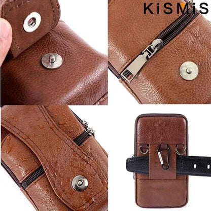 KISMIS Men’s Leather Waist Bag – Multifunction Fanny Pack with Large Capacity and Shoulder Strap