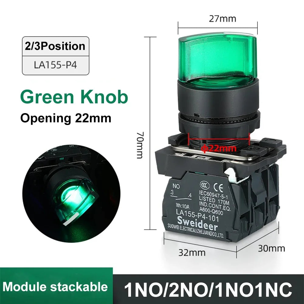 XB4 22mm LED Rotary Selector Switch – 1NO/2NO/1NO1NC Self-Locking 2/3 Position Control Knob 12V/24V/220V 10A Red Green Indicator