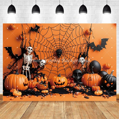 Halloween Orange Pumpkin Skull Spider Web Bat Backdrop – Spooky Photo Background Decoration