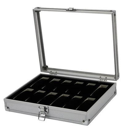 Aluminium Watch Storage Box — 12-Slot Jewelry Display Case with Suede Interior