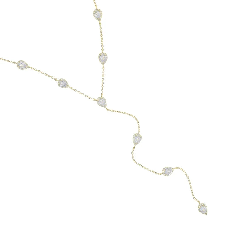 2023 Gold Plated Y Lariat Necklace - Colorful CZ Teardrop Pendant Geometric Jewelry for Women