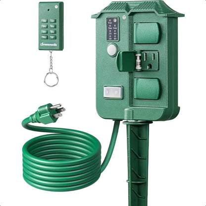 Outdoor Waterproof Power Stake Timer — 6-Grounded Outlets with 100FT Cord, Remote & Dusk-to-Dawn Photocell