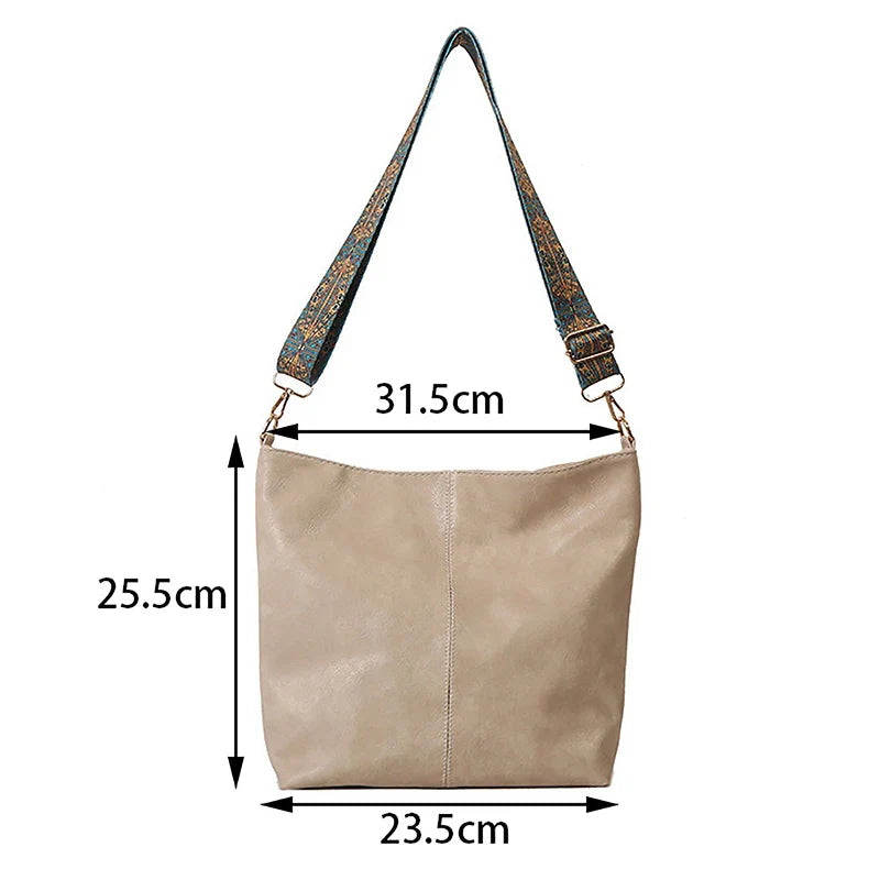 Wide Geometric Strap Shoulder Bag - Large Capacity Crossbody PU Leather Bag for Women, Retro Style for Shopping and Travel