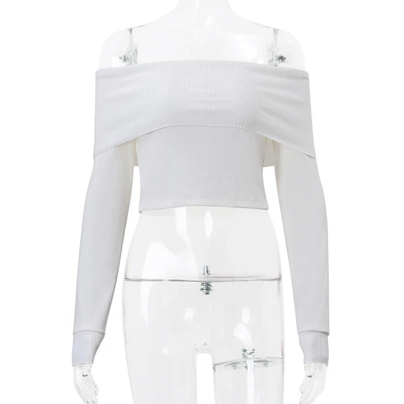 WhereMery Elegant Slash-Neck Ribbed Crop Top – Y2K Off-Shoulder Long Sleeve Camisole, Autumn Skinny French Style T-Shirt