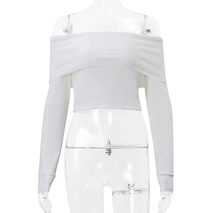 WhereMery Elegant Slash-Neck Ribbed Crop Top – Y2K Off-Shoulder Long Sleeve Camisole, Autumn Skinny French Style T-Shirt