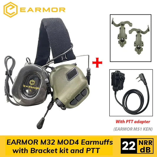 EARMOR M32 MOD4 Shooting Earmuffs – Tactical Noise Reduction Headset with Helmet ARC Rail & Kenwood PTT Adapter