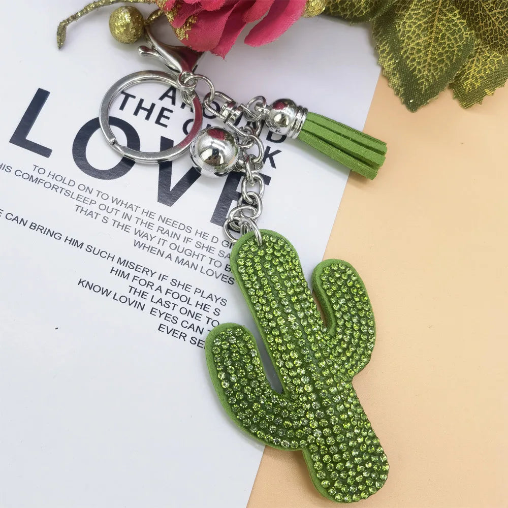 Unisex Cute Cactus Keychain Pendant – Solid Color Kawaii Plant Bag Charm with Fringe, Funny Fashion Accessory for Women & Girls