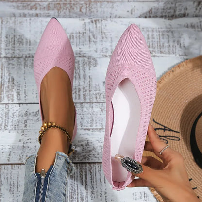 Women’s Pointed Toe Flat Shoes – Solid Color Knitted Slip-On Ballet Loafers, Casual & Breathable Ladies Shoes