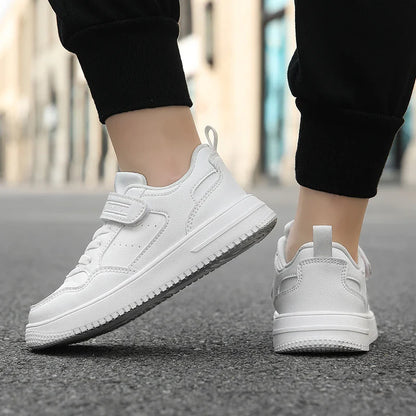 Children’s Black Leather Sneakers – Non-Slip Casual Flat Walking Shoes for Boys & Girls, Lightweight Student Sports Footwear