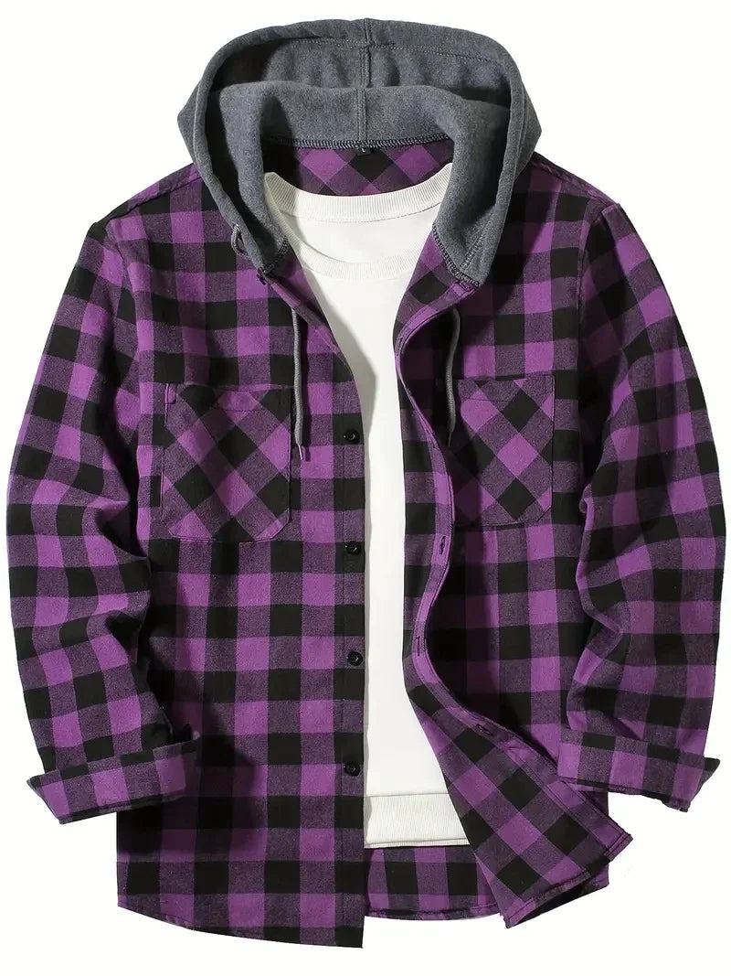 Youth Men’s Hooded Plaid Shirt - Slim Fit Long Sleeve Casual Travel & Streetwear Jacket