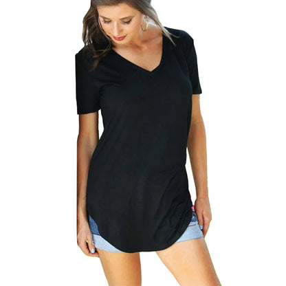 Women’s Summer V-Neck Blouse – Short Sleeve Loose Solid Color T-Shirt with Curved Hem