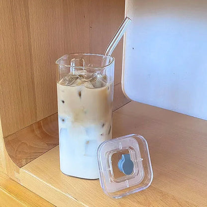 Square Heat-Resistant Glass Coffee Cup with Lid and Straw - Transparent Mug for Milk, Tea, Juice, Ideal for Home and Bar