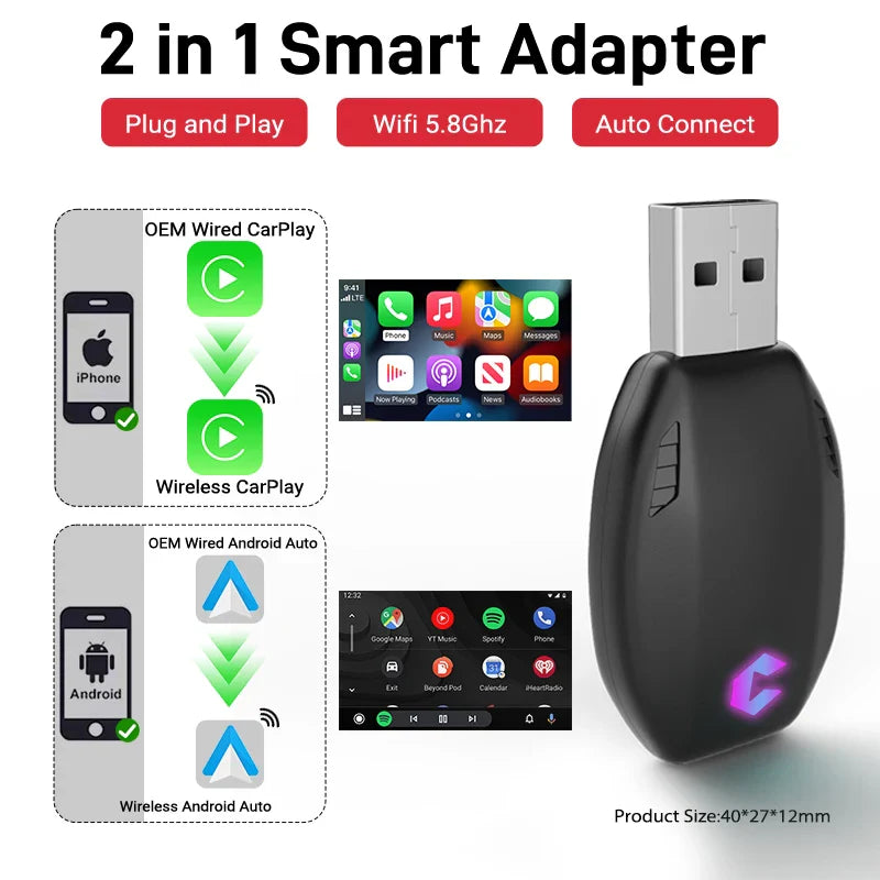 2025 Wired to Wireless CarPlay 2 in 1 Mini Adapter – Android Auto Smart Box, Plug & Play, OTA Update, Universal Compatibility