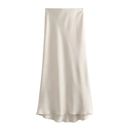 TRAF Women’s 2024 Satin Skirt — High Waist Black Midi Summer Skirt, Elegant Office Long Skirt for Women
