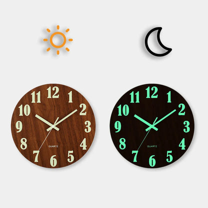 12-Inch Luminous Wall Clock — Nordic Wooden Silent Clock with Night Light, Non-Ticking Design for Dark Room