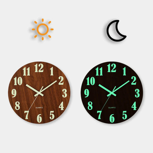 12-Inch Luminous Wall Clock — Nordic Wooden Silent Clock with Night Light, Non-Ticking Design for Dark Room