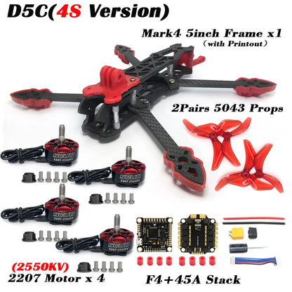 Mark4 5-Inch D5/D5C FPV Carbon Fiber Frame – 5mm Arm, 5043 Propeller, F4V3S FC, 45A ESC Stack & ELRS 915MHz Drone Kit