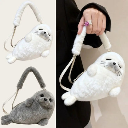 Cute Seal Plush Shoulder Bag - Soft Fluffy Cartoon Crossbody Phone Bag with Adjustable Strap