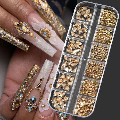 12-Grid 3D Glass AB Crystal Nail Art Rhinestones Kit – Flatback Round Beads with Tools for Nail Jewelry & Diamond Decoration