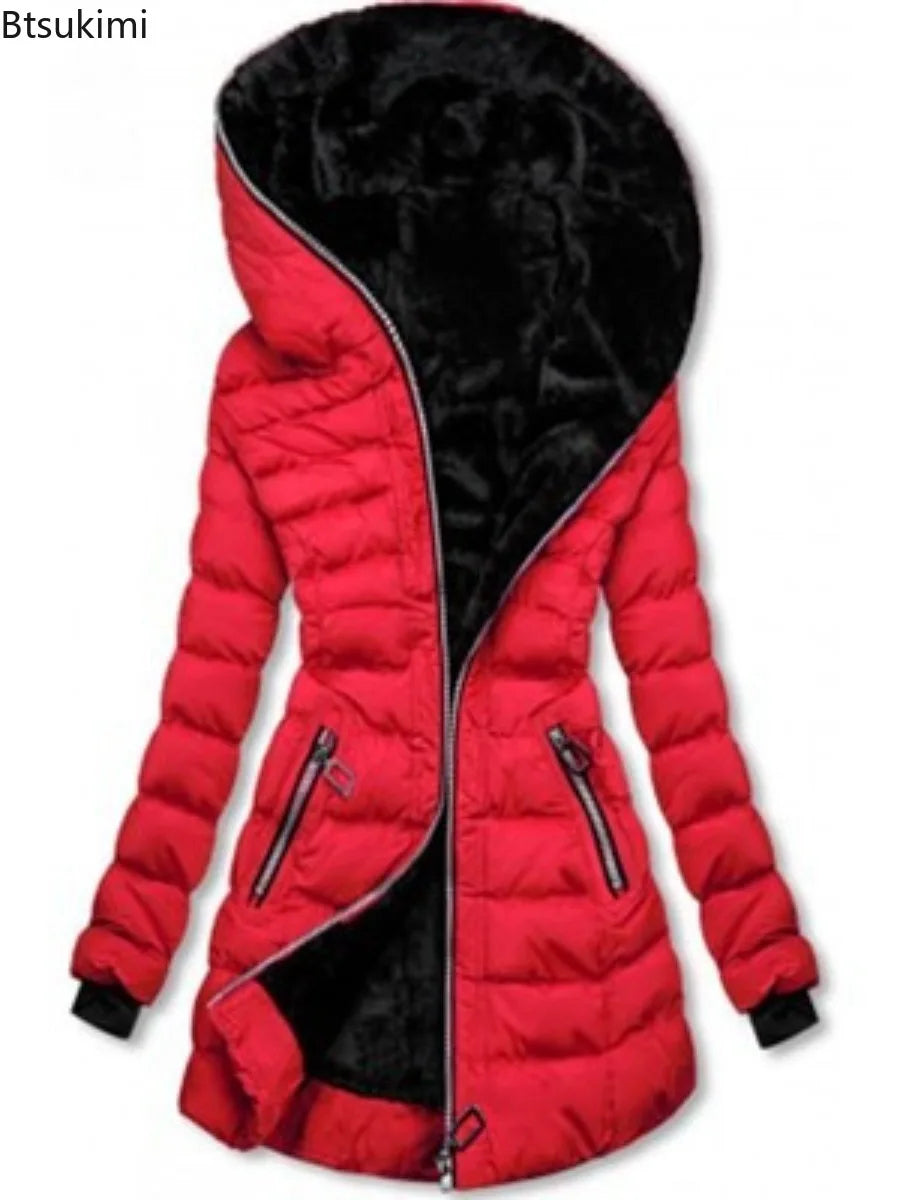 2025 Women’s Winter Parka – Hooded Solid Zipper Midi Coat with Pockets, Slim Fit Long Sleeve Warm Casual Jacket