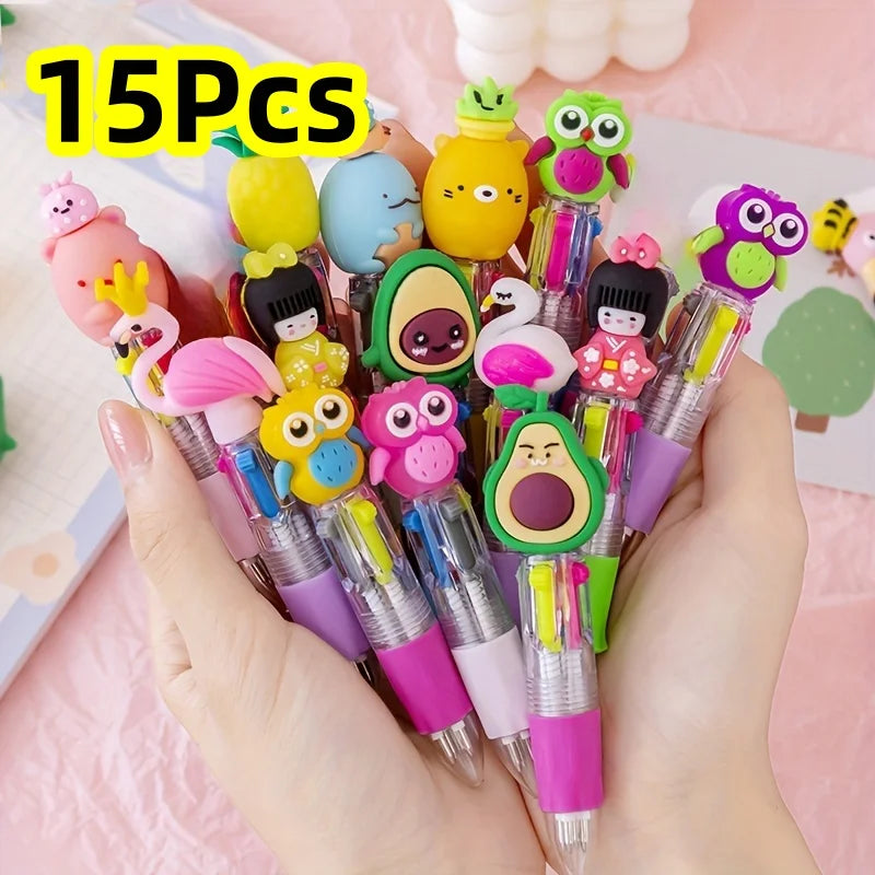 Cute Cartoon 4-Color Mini Ballpoint Pens - Kawaii Unicorn & Flamingo Retractable School Office Stationery, 5–20 Pieces