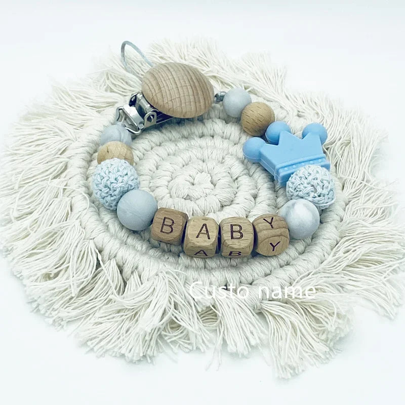 DIY Custom Name Silicone Beads & Wooden Ring Pacifier Clip – Safe Baby Teether, Eco-Friendly Dummy Chain Gift