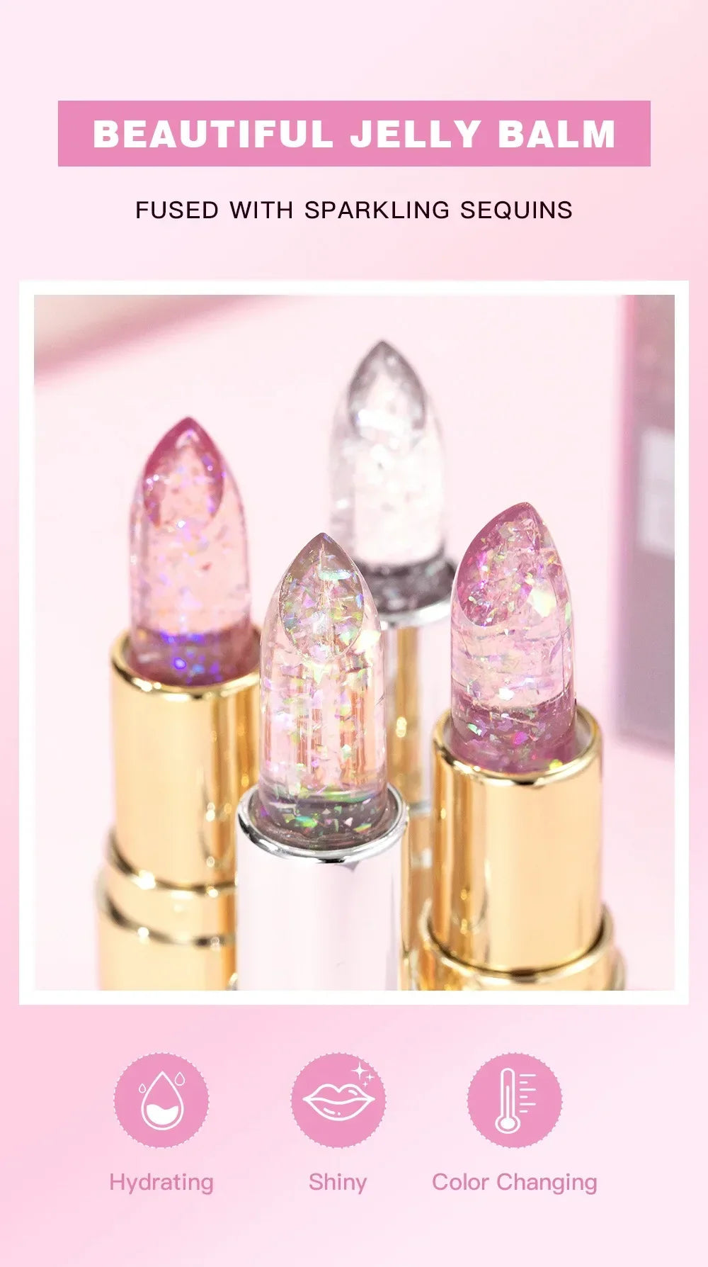 Soft Jelly Color-Changing Lipstick – Glossy Hydrating Glitter Lip Balm with Sparkling Red Shade