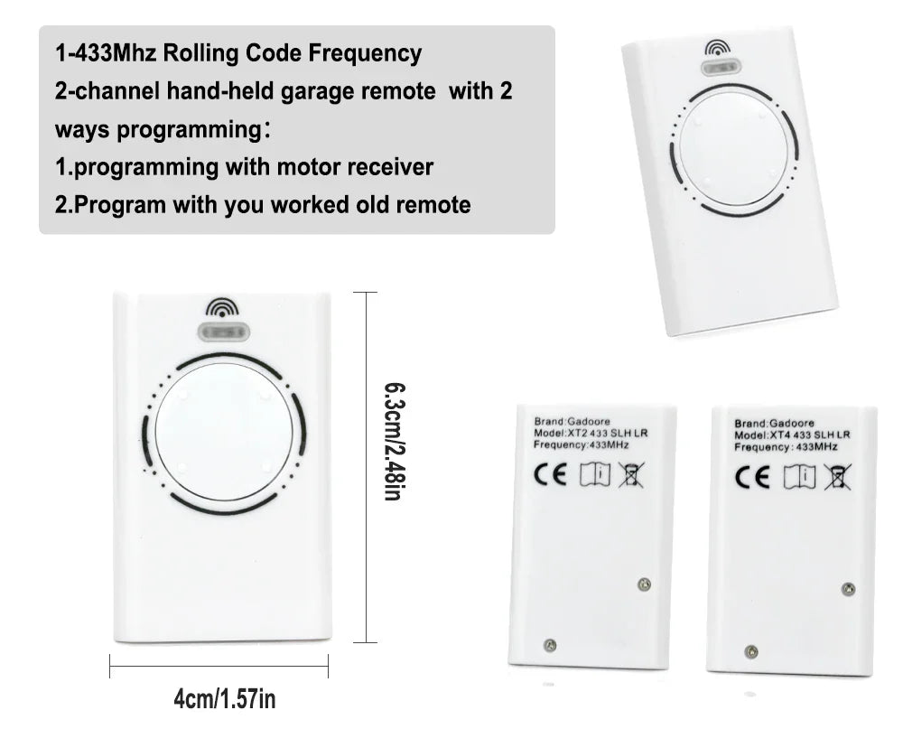 Gadoore XT2 XT4 433MHz SLH LR Garage Door & Gate Remote | Compatible with XT2/XT4 SLH & SLH LR