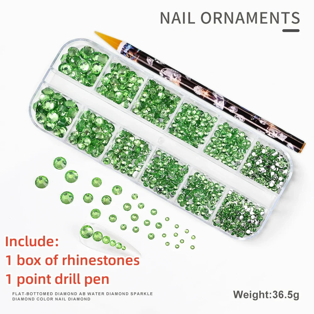 12-Grid 3D Glass AB Crystal Nail Art Rhinestones Kit – Flatback Round Beads with Tools for Nail Jewelry & Diamond Decoration