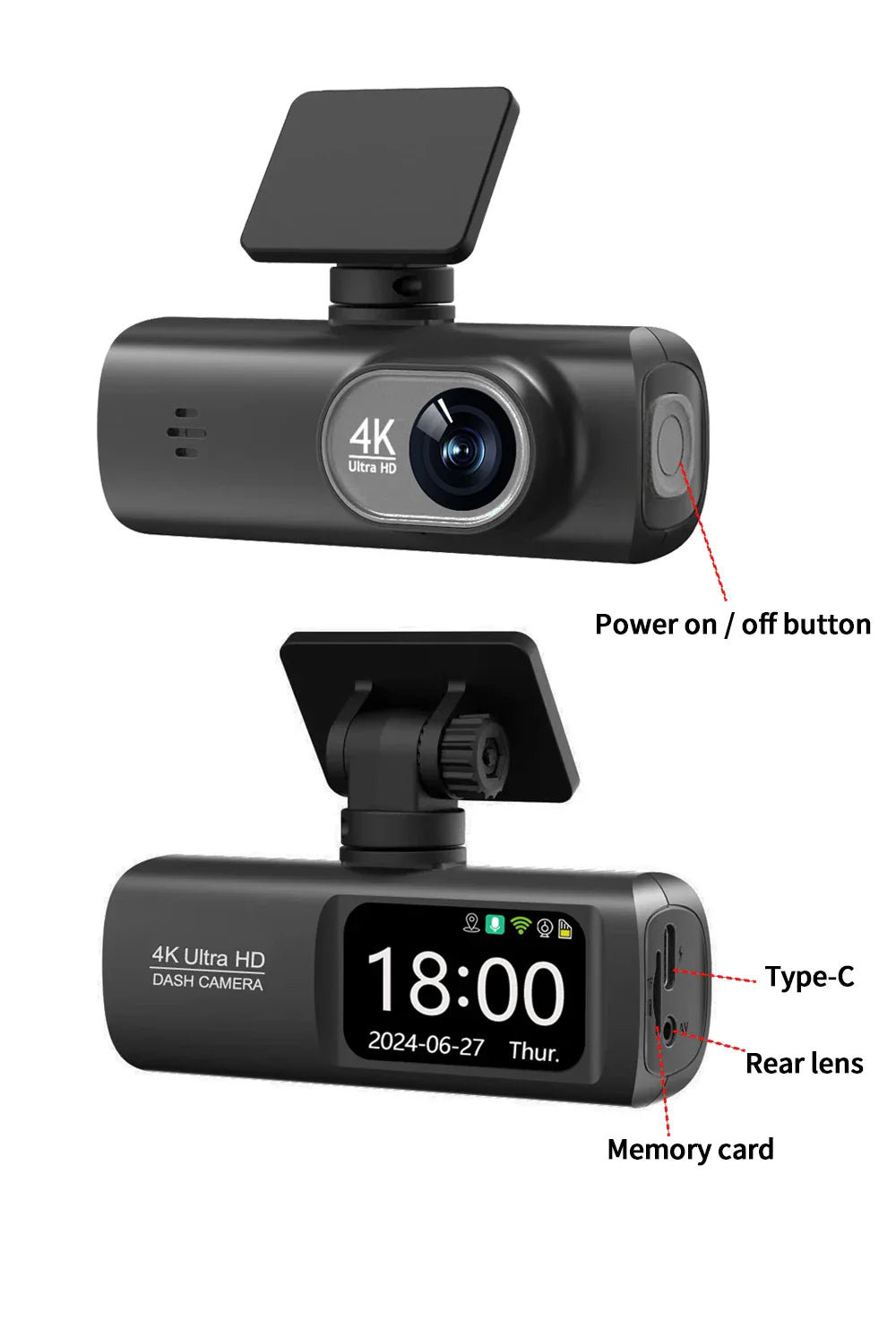 UHD 4K Dash Cam Dual Lens – 1080P Rear Lens, Built-in WiFi, GPS, 24-Hour Parking Monitoring Car DVR