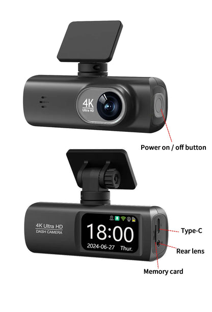 UHD 4K Dash Cam Dual Lens – 1080P Rear Lens, Built-in WiFi, GPS, 24-Hour Parking Monitoring Car DVR