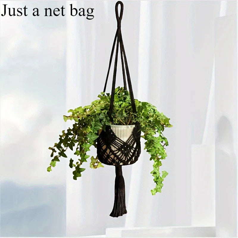Boho Macrame Plant Hanger – Cotton Rope Woven Basket with Net Pouch for Indoor & Outdoor Hanging Succulents