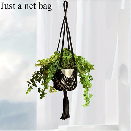Boho Macrame Plant Hanger – Cotton Rope Woven Basket with Net Pouch for Indoor & Outdoor Hanging Succulents