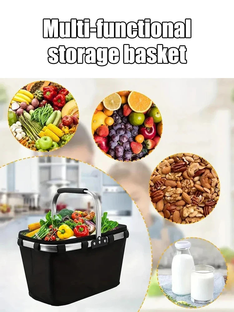 Folding Insulated Meal & Shopping Basket — Portable Handheld Cooler Bag for Outdoor Lunch, Ice Pack, and Food Delivery