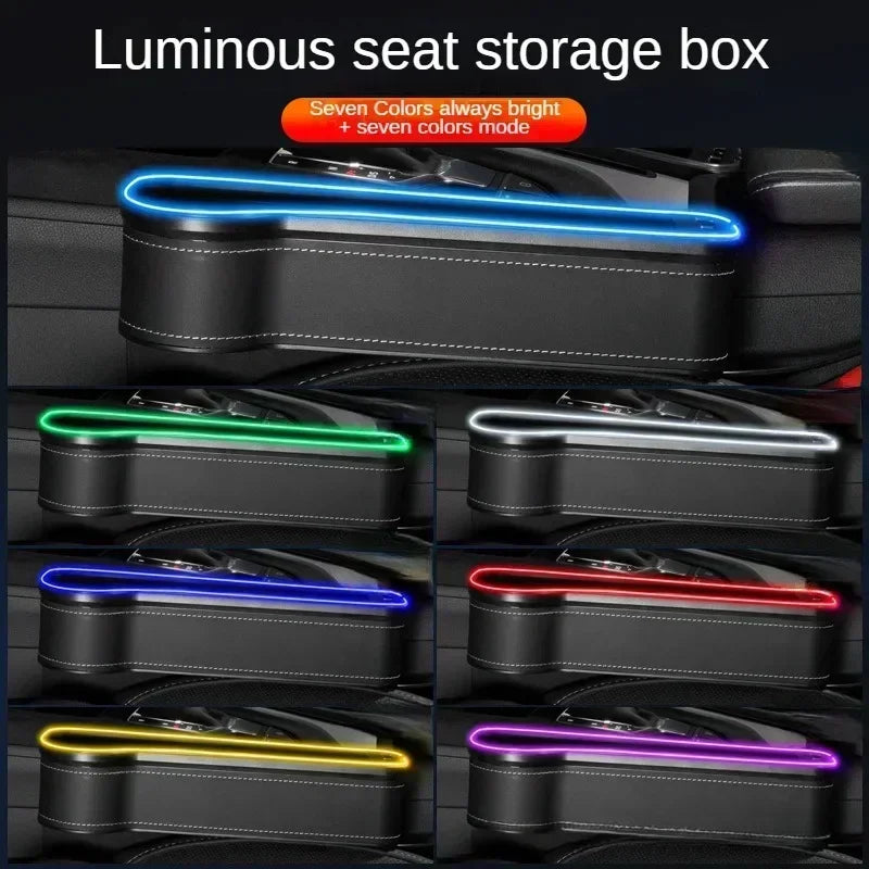 Car Crevice Storage Box with 2 USB Chargers & LED Light – Seat Gap Organizer for Phone, Cards, Bottles, and Cups