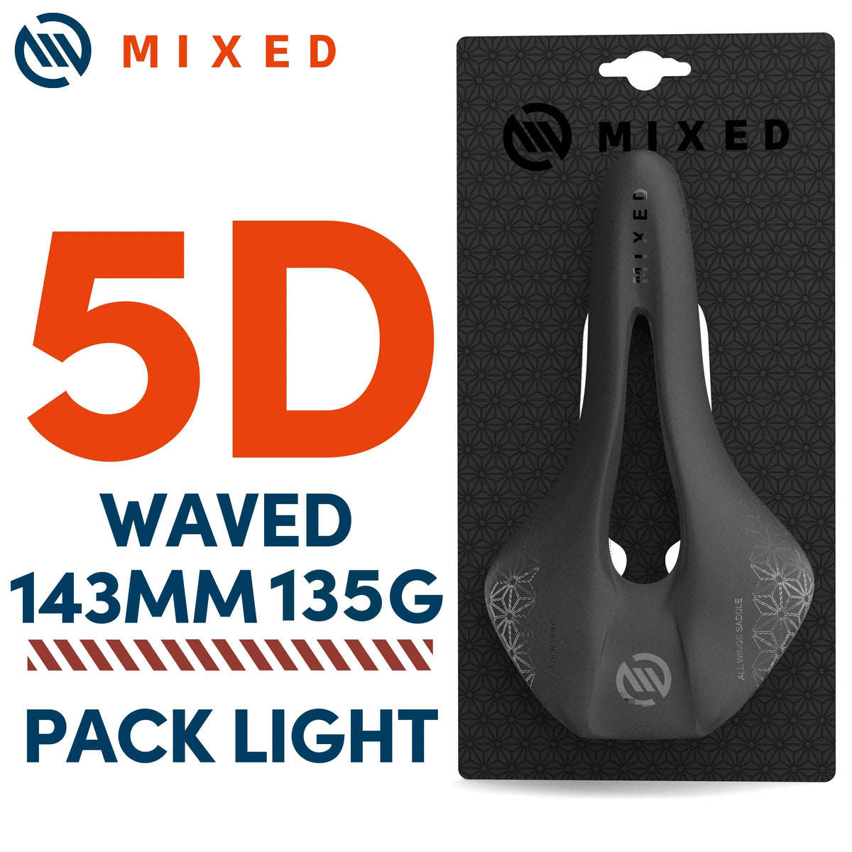 5D Ultra Pack Lightweight Bike Saddle | MIXED Full Carbon Fiber | 143mm, 135g | Road & MTB Mountain Bicycle Seat