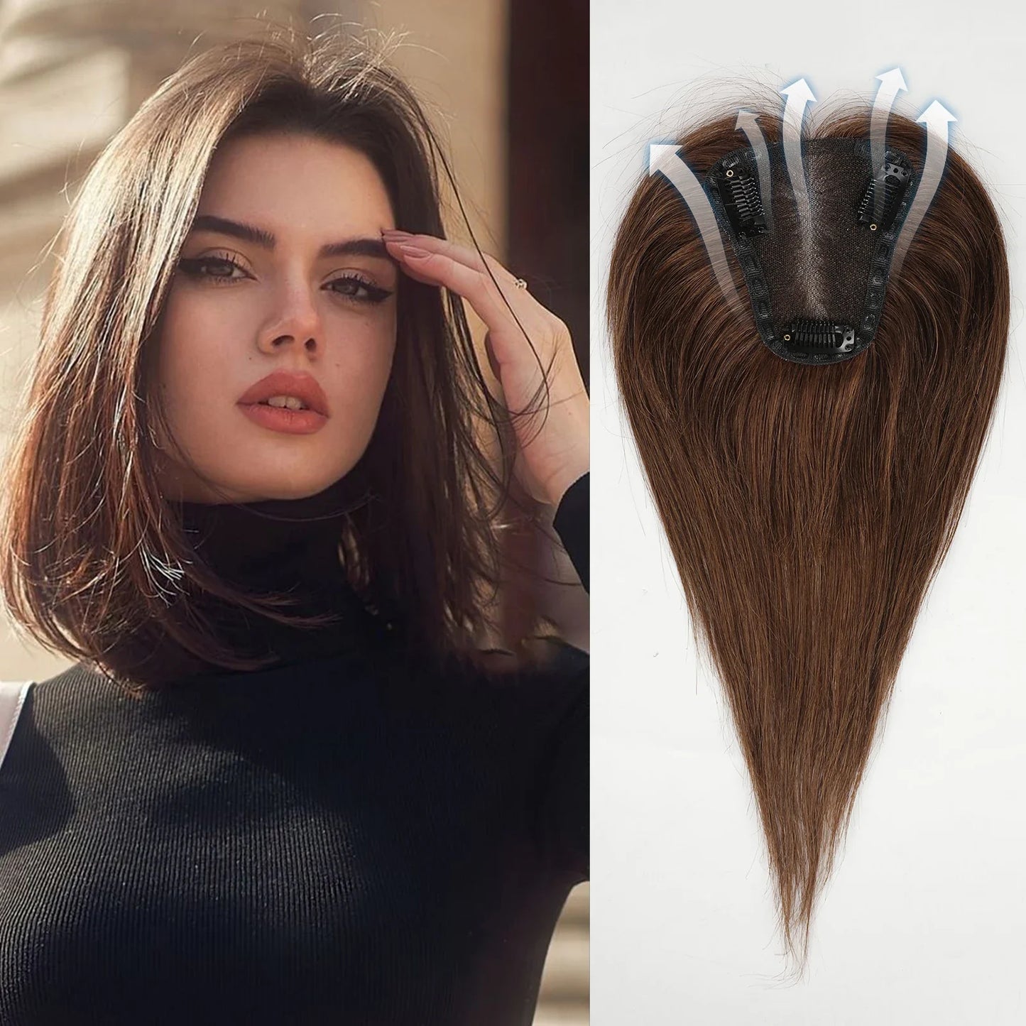 Synthetic Hair Topper with Bangs – Clip-in Hair Extensions for Women, Increase Volume, Cover White Hair & Hairline