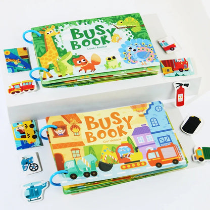 Kids Busy Book – Interactive Learning Sticker Book with Animals, Vehicles & Dinosaurs, Matching Numbers & Letters Activity Toy