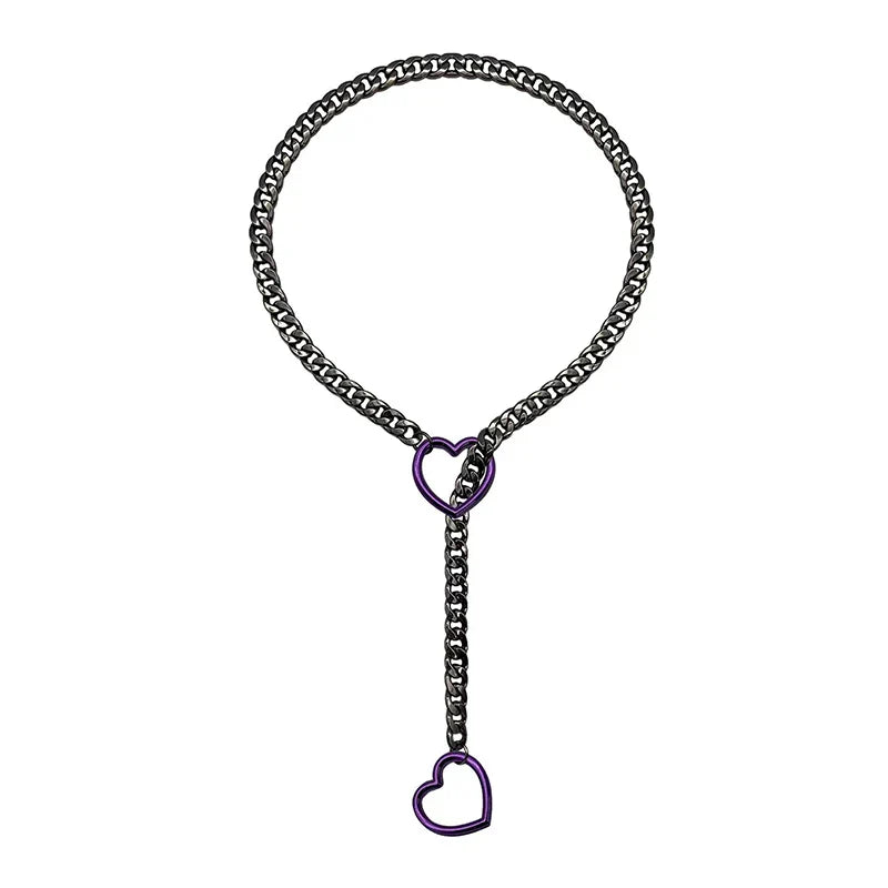 Heart O-Ring Punk Rock Necklace – Stainless Steel Cuban Chain Y-Necklace for Women