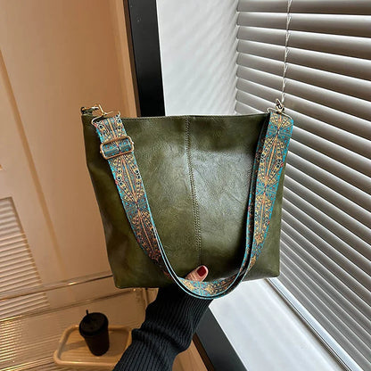 Wide Geometric Strap Shoulder Bag - Large Capacity Crossbody PU Leather Bag for Women, Retro Style for Shopping and Travel