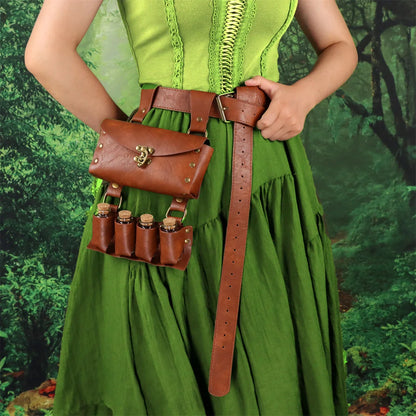 Renaissance Leather Cosplay Belt – Medieval Wizard Waist Bag with Alchemy Bottle, Cork Stopper & Copper Coin