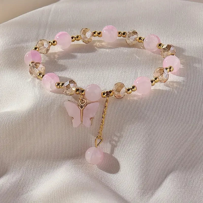 Purple Butterfly Charm Beaded Stretch Bracelet – Multi-Color Crack Faceted Beads, Cute Jewelry Gift for Women & Girls