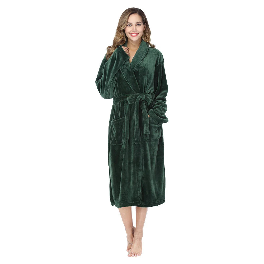 RONGTAI Women's Solid Color Lapel Bathrobe - Warm, Comfortable Long-Sleeved Robe for Autumn and Winter Homewear