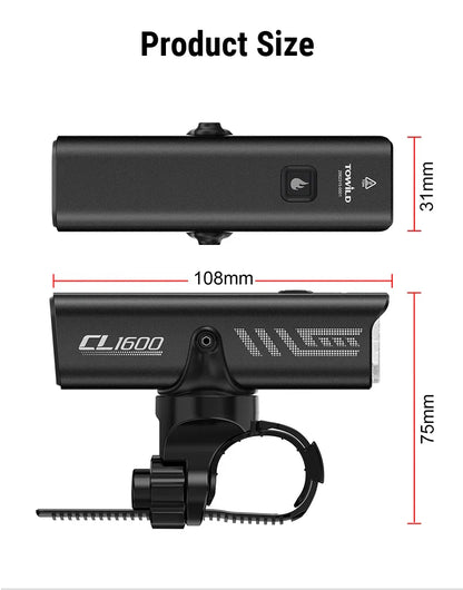 TOWILD 1600LM Bicycle Front Light — 5000mAh IPX6 Aluminum MTB & Road Bike Headlight with Type-C Charging