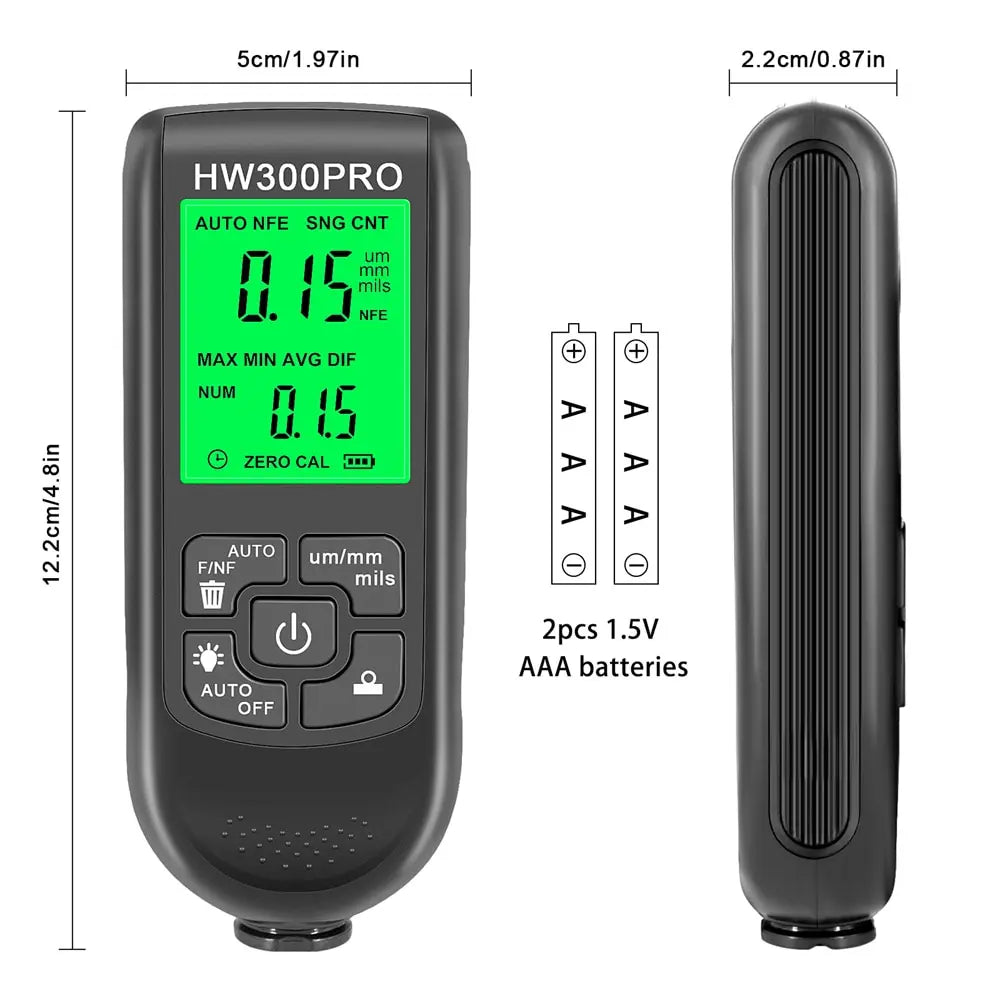 Digital Metal Coating Thickness Tester - HW-300 Electroplate Gauge for Car Paint, 0-2000um Range with Fe and NFe Probe