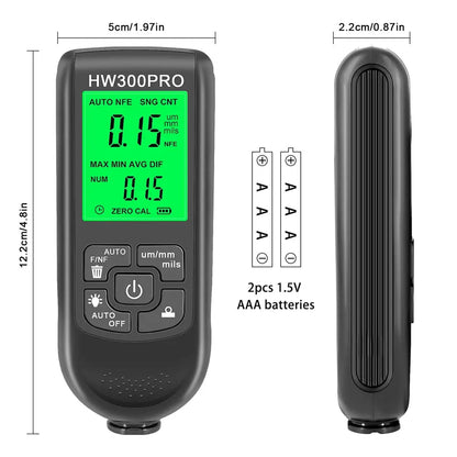 Digital Metal Coating Thickness Tester - HW-300 Electroplate Gauge for Car Paint, 0-2000um Range with Fe and NFe Probe